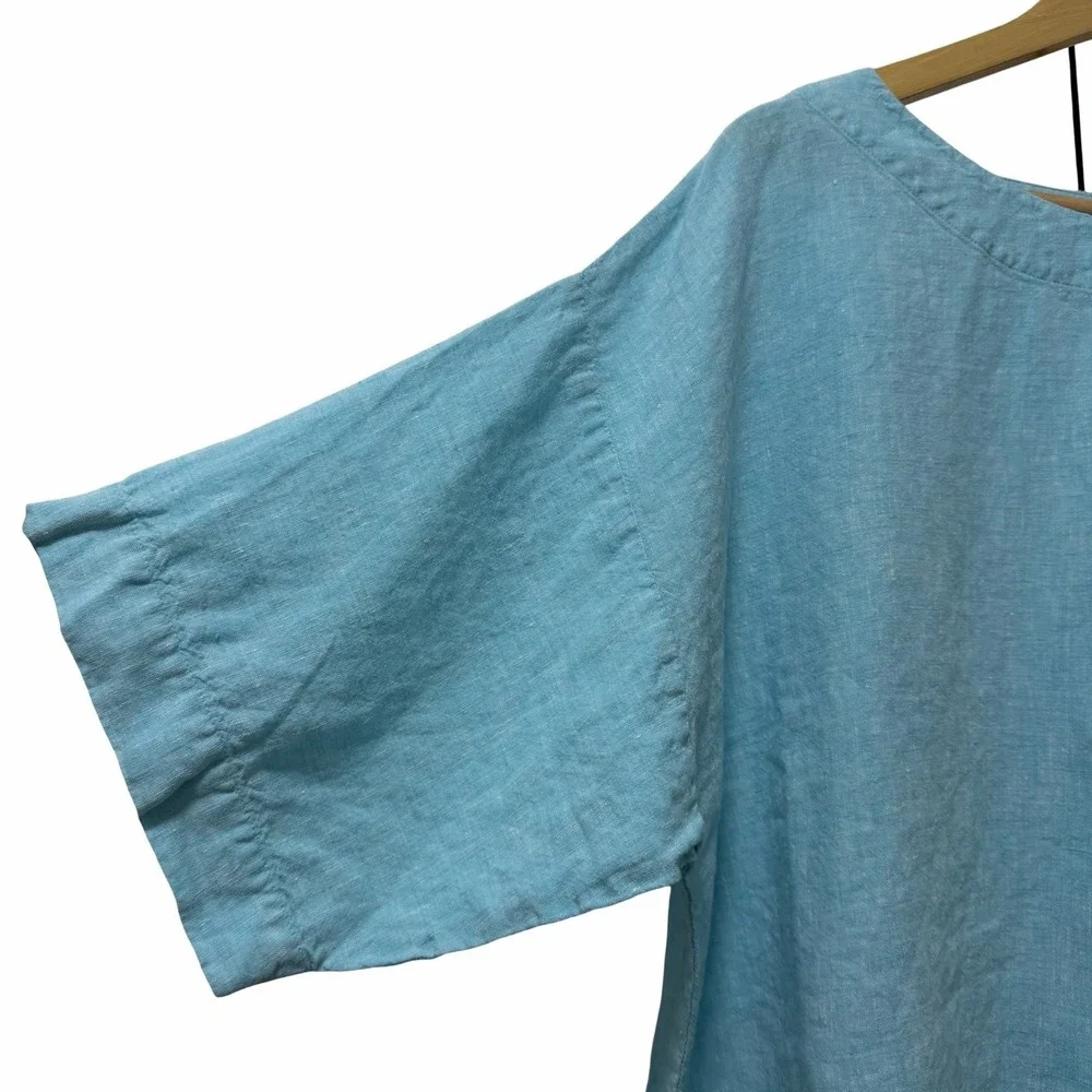 J Jill Womens Linen Boxy Cropped Short Sleeve Top Size MP Blue Coastal Beachy